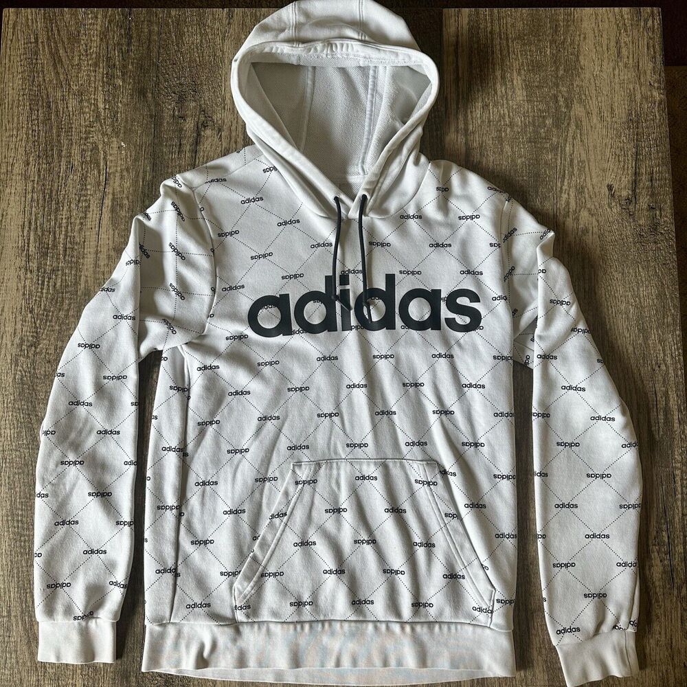 Adidas Hoodie Sweatshirt Mens Small White Black Logo Print All Over ECU